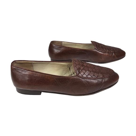 AMALFI ITALY WOMEN'S BROWN LEATHER MOCCASIN LOAFERS SIZE 8.5 VAMP WEAVE, SLIP-ON - Picture 1 of 11